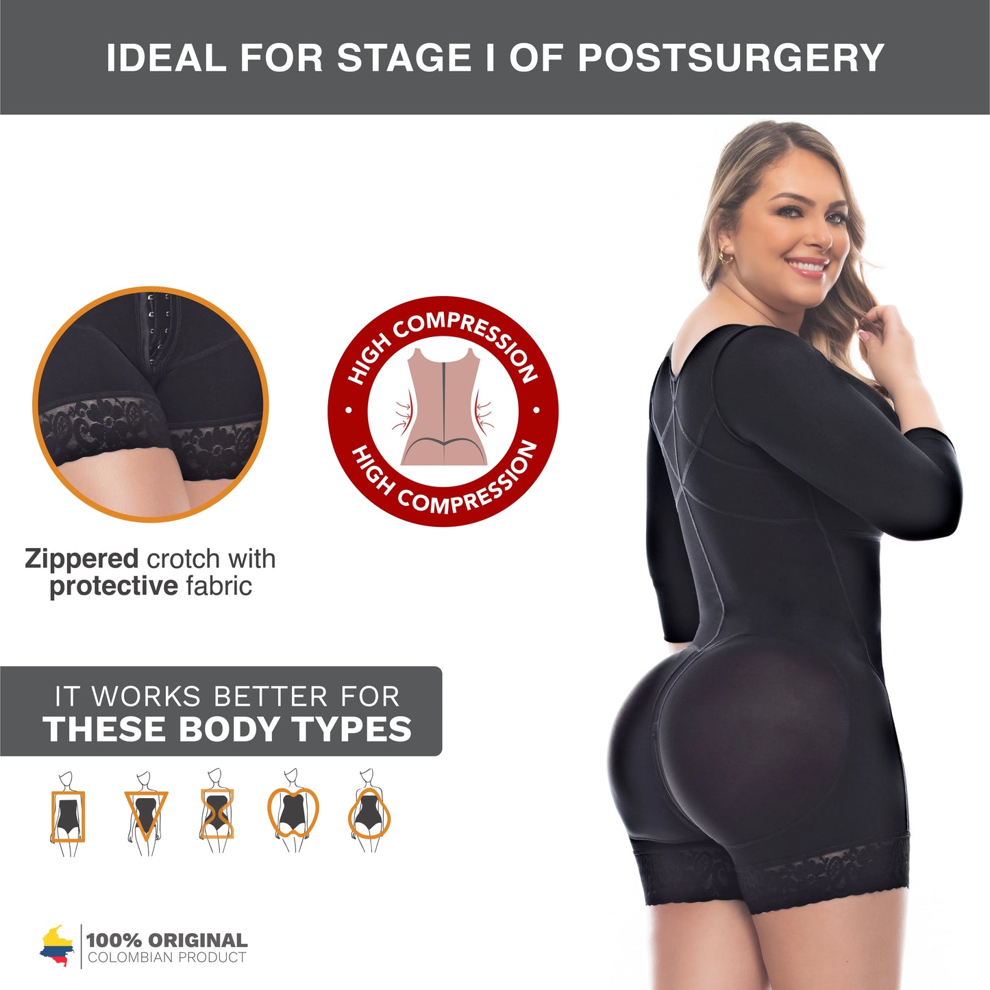 Post-Surgery Full Body Shaper with Sleeves – Mid-Thigh Faja