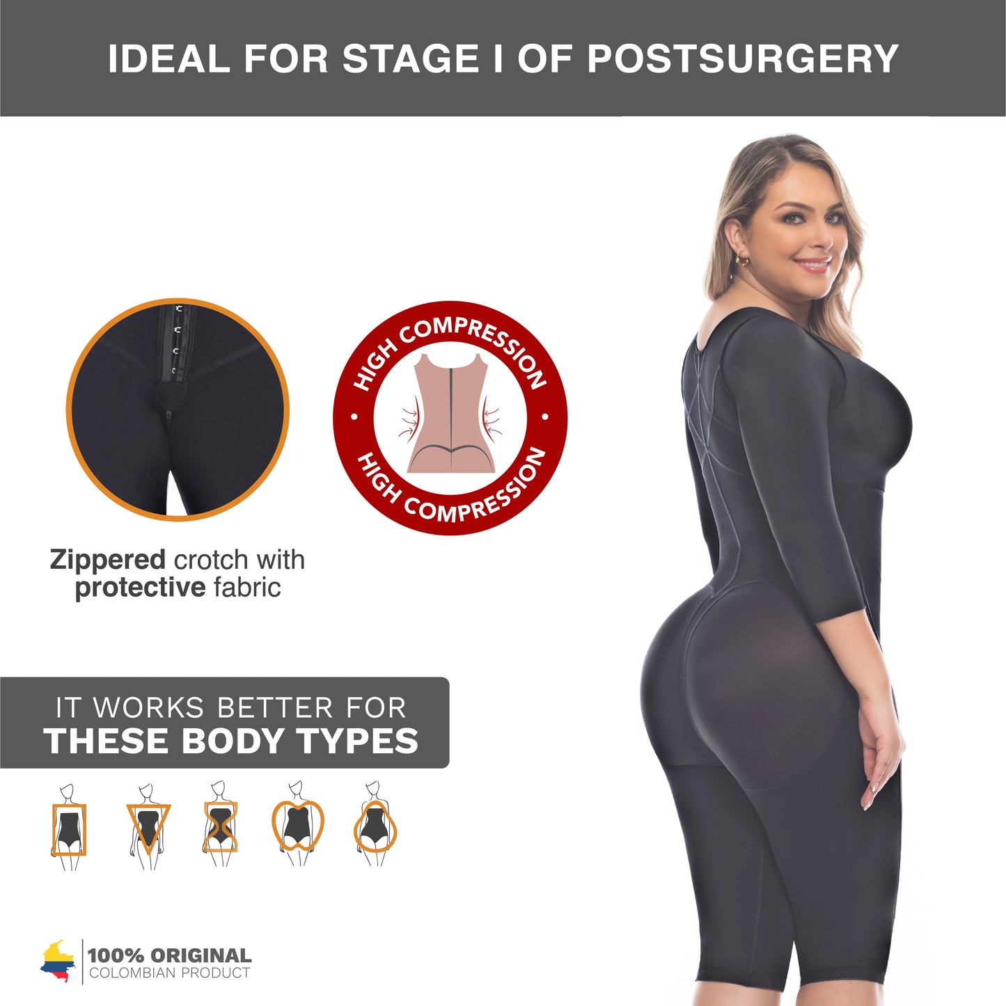 Full Body Knee-Length Fajas Colombianas Post-Surgery Compression Garment with Sleeves