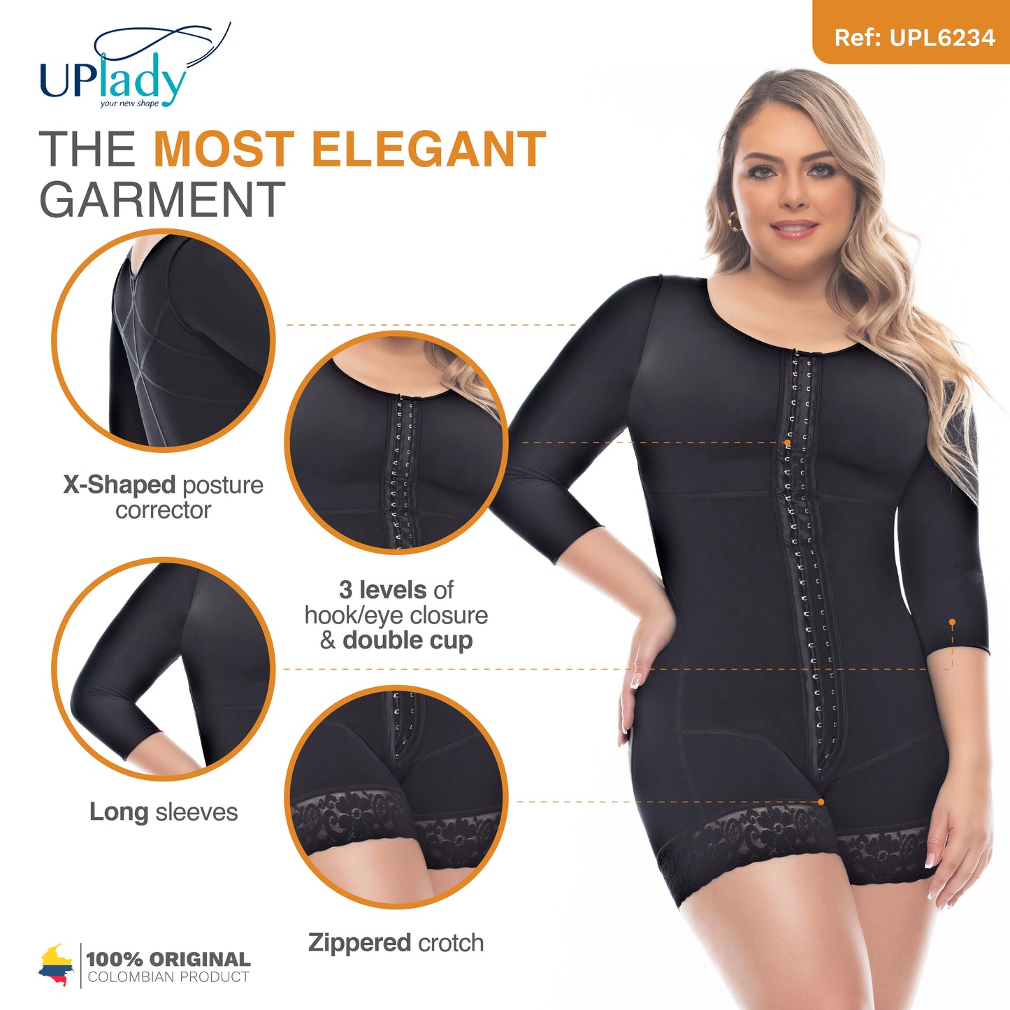 Post-Surgery Full Body Shaper with Sleeves – Mid-Thigh Faja
