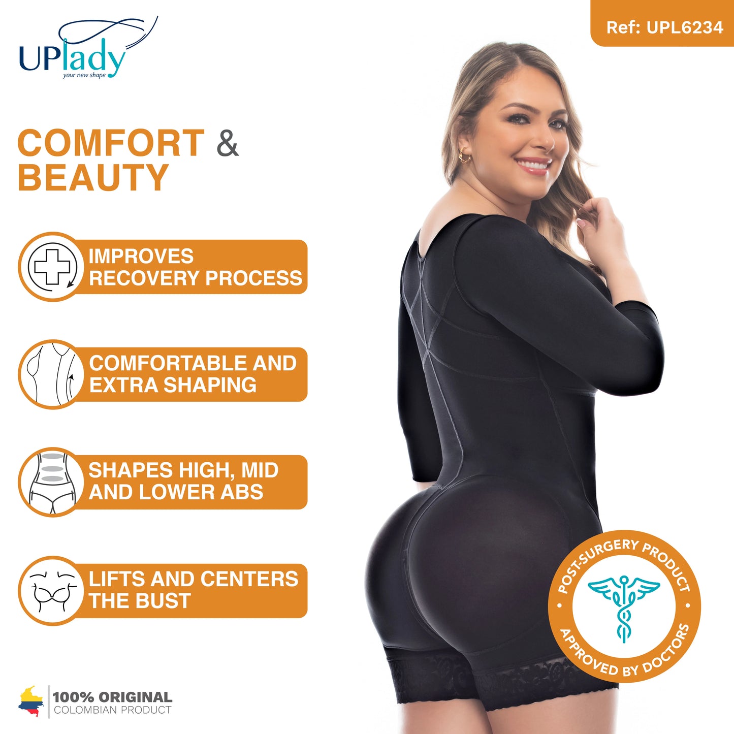 Post-Surgery Full Body Shaper with Sleeves – Mid-Thigh Faja