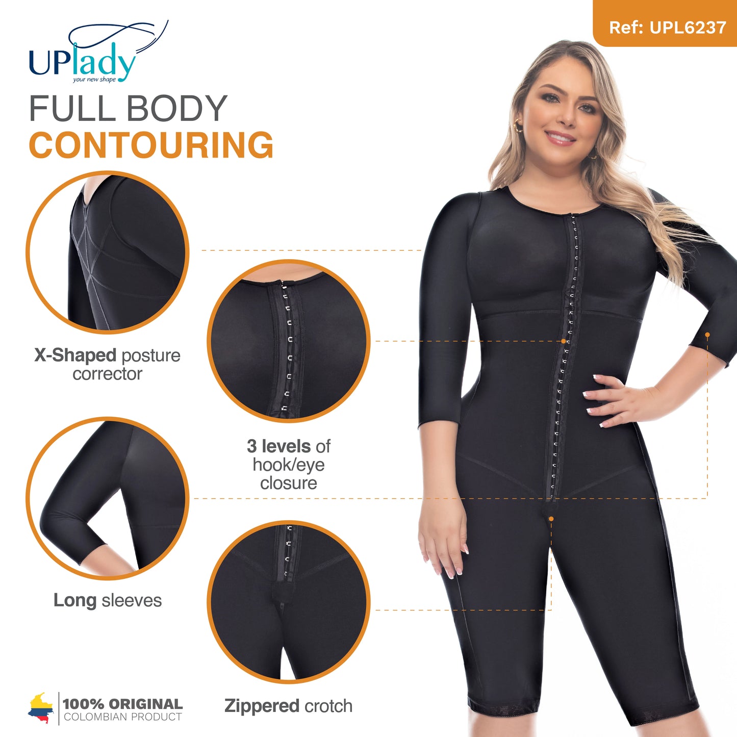Full Body Knee-Length Fajas Colombianas Post-Surgery Compression Garment with Sleeves
