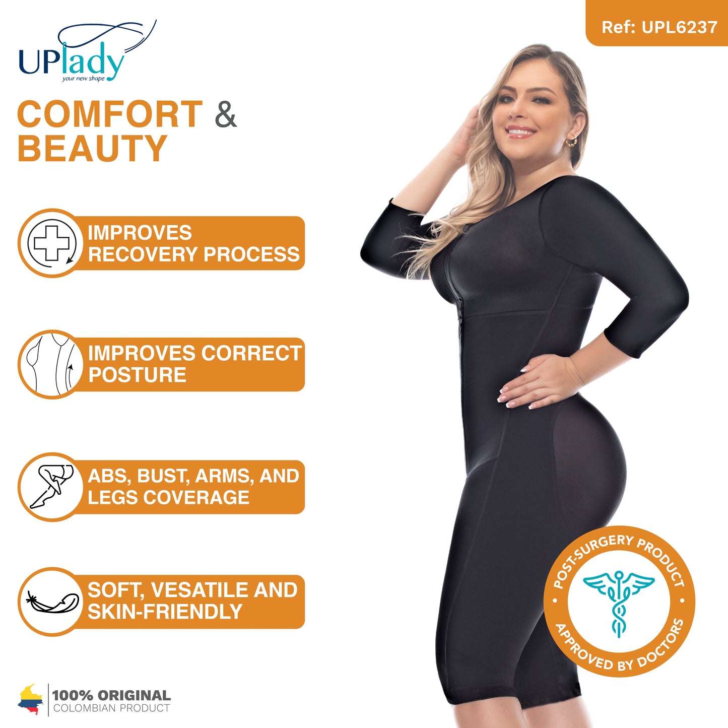 Full Body Knee-Length Fajas Colombianas Post-Surgery Compression Garment with Sleeves