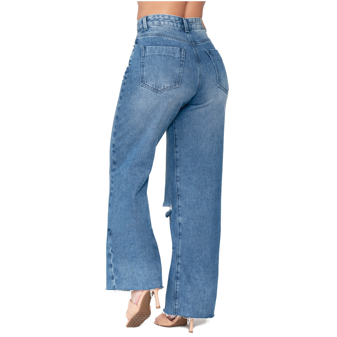High-Rise Wide-Leg Distressed Denim Jeans – Full Length